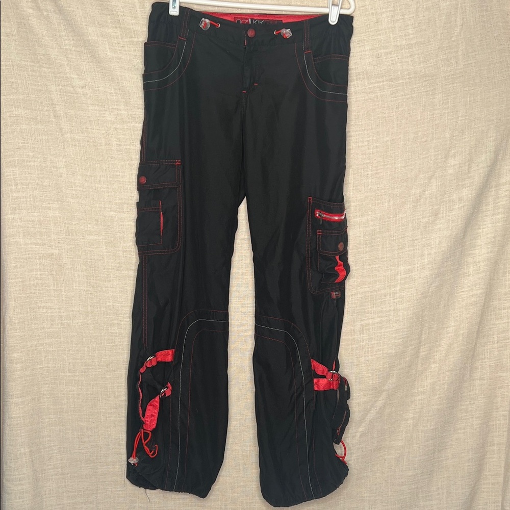 Vintage Y2K Kikgirl RaverBlack Cargo Pants with Red Accents